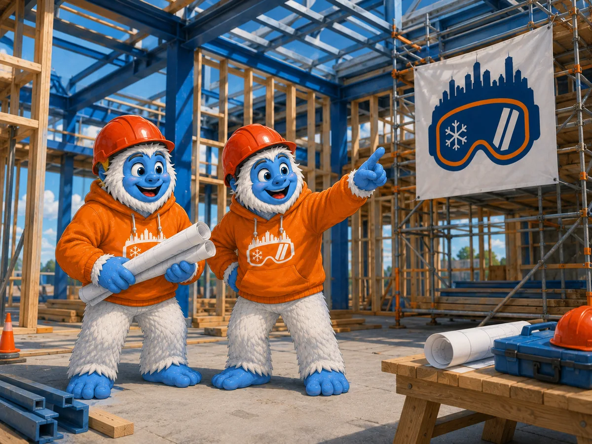 Two people in hard hats inside a half-built facility