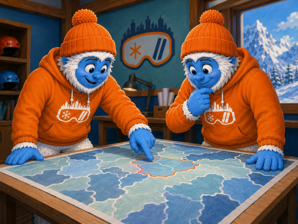 Two people over a map with a territory outlined in orange